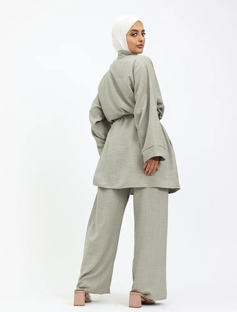Khaki Linen Feel Drawstring Co Ord Set